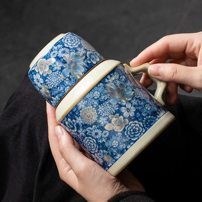 汝窑新金万花陶瓷小暖炉大容量闷茶壶创意喝水泡茶杯带包