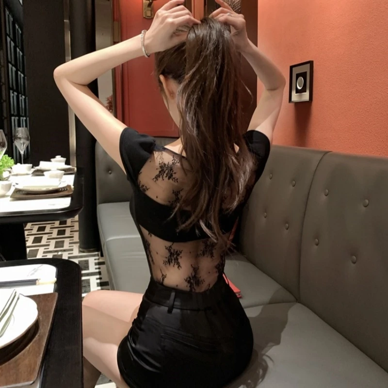 美式新款复古御姐小众高级设计感纯色蕾丝拼接方领短袖女上衣