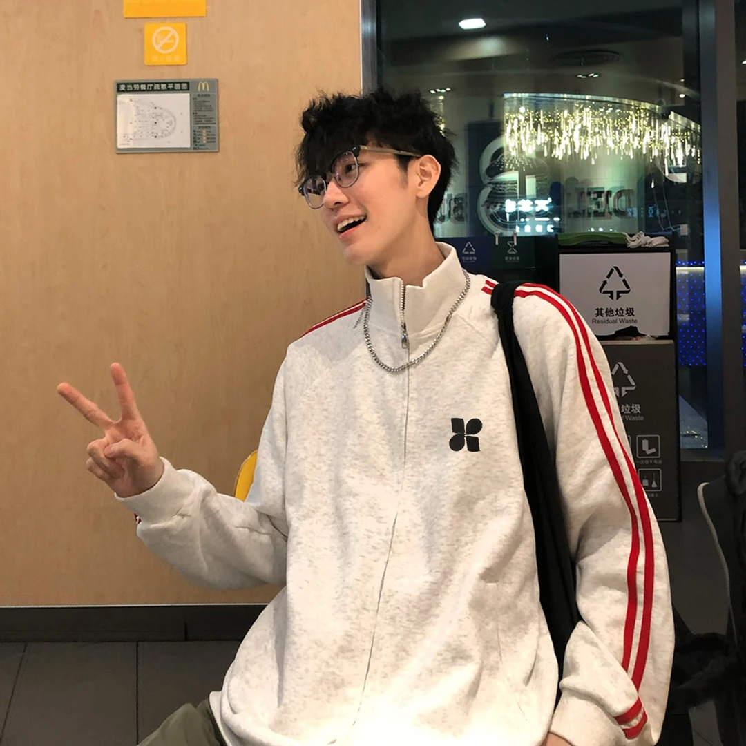 美式潮牌简约几何印花立领三条杠开衫拉链卫衣男女秋冬情侣外套