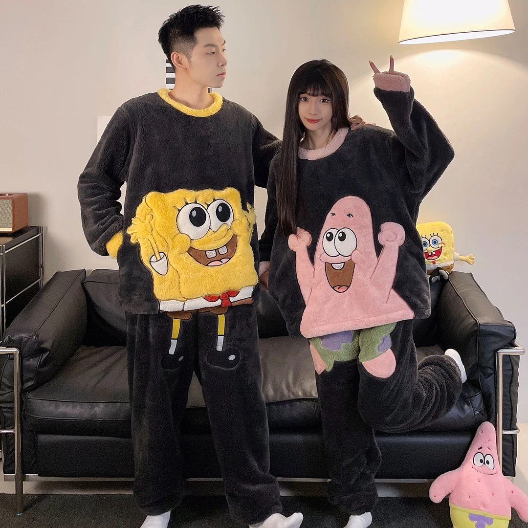 海绵宝宝秋冬季珊瑚绒情侣睡衣套装加绒加厚保暖一男一女家居服