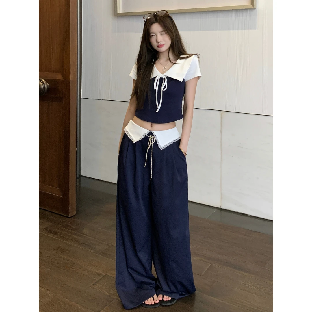 夏季新款宽松休闲女裤百搭T恤藏蓝拼接上衣套装