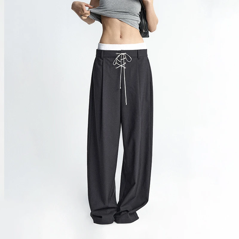 ourhour 假两件拼接 深灰色松紧腰穿绳绑带宽松西裤 女夏设计感裤