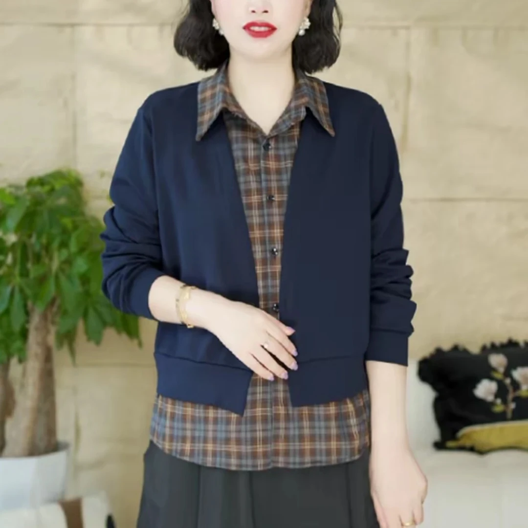 拼接抗皱韩版春秋长袖休闲风常规T恤女士格子宽松