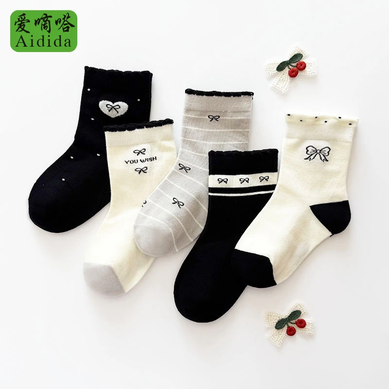 爱嘀嗒儿童袜子秋季精梳棉女童宝宝花边甜美可爱蝴蝶结无骨中筒袜