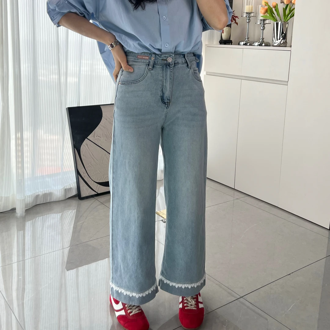 【小杨】2025春夏季新款中高腰显瘦蕾丝花边拼接直筒显瘦阔腿九分裤