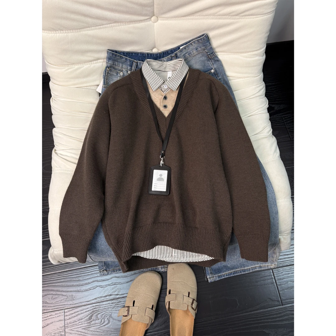 老钱风假两件v领毛衣男款冬季美拉德针织衫美式复古潮牌情侣外套