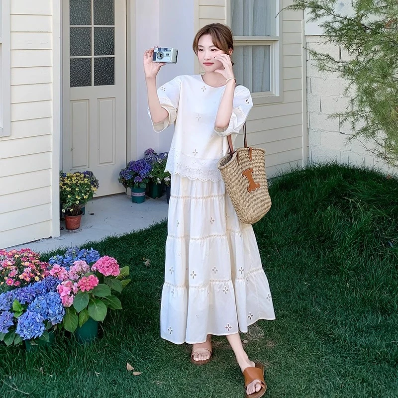 白色韩系慵懒chic套装女夏季2025新款松弛感穿搭上衣半身裙两件套