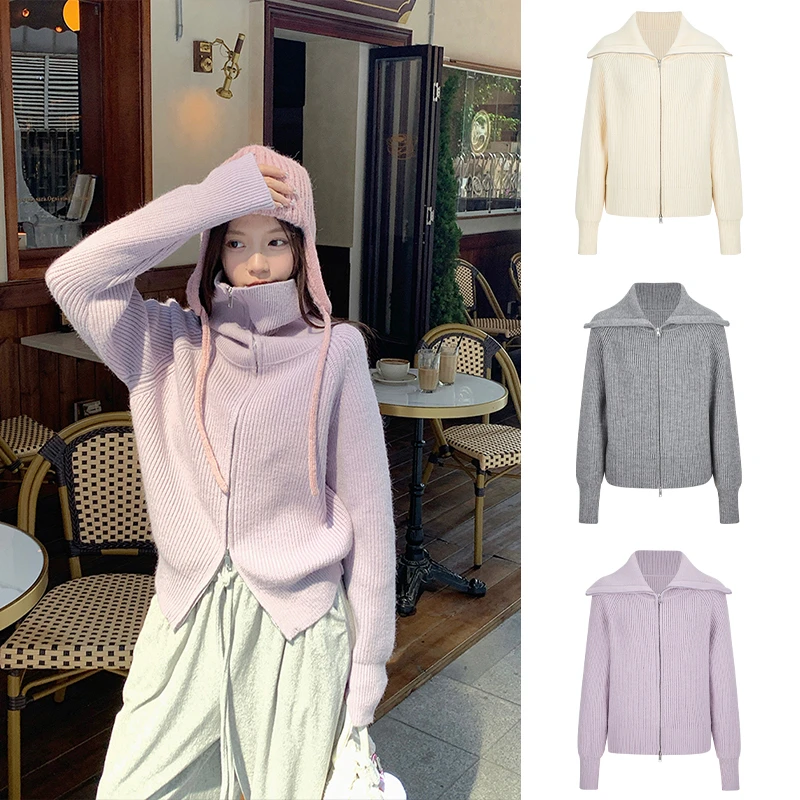 MosesQueen/魔西女王 慵懒风小众针织开衫女秋冬双拉链外套宽松