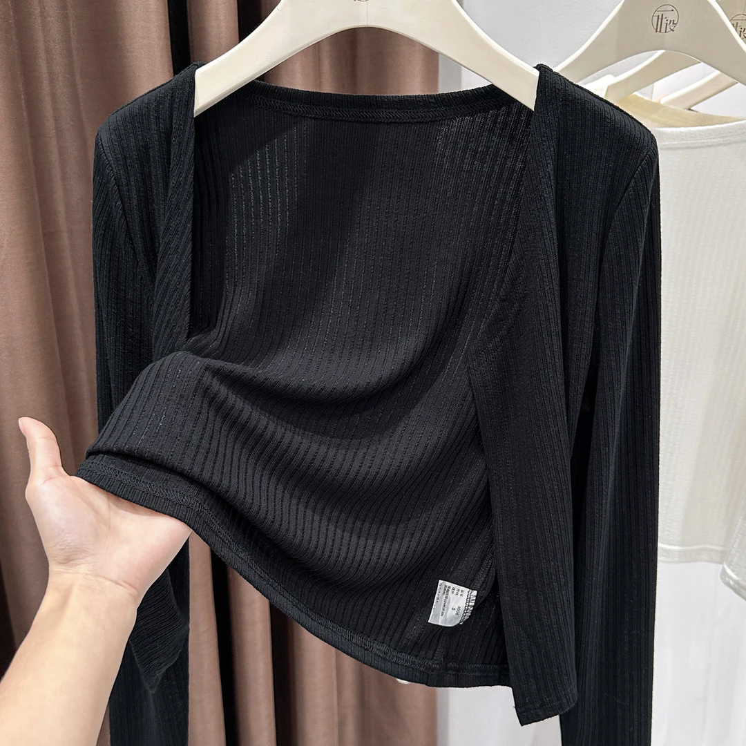 黑色时尚洋气长袖针织开衫女秋冬新款轻薄修身披肩配背心舒适外套