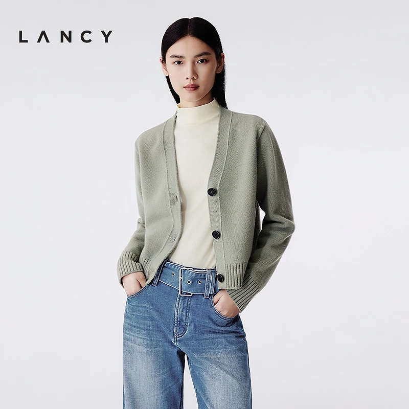 【100%羊毛】LANCY/朗姿2025年冬新款气质V领短款针