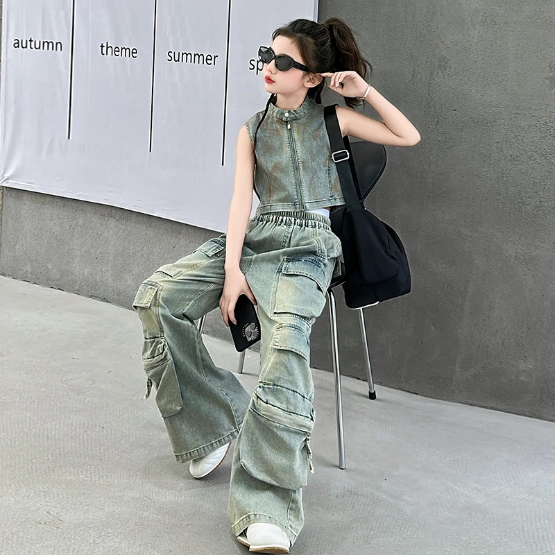 女童牛仔套装春夏2025新款时髦气质女孩无袖背心工装裤潮酷两件套