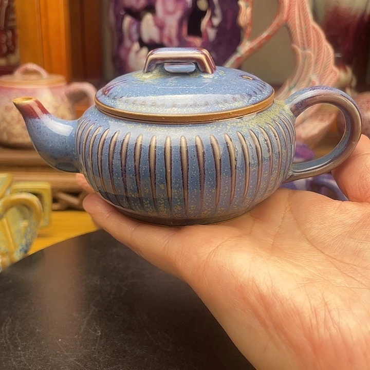 摆件陶天青蓝窑变壶