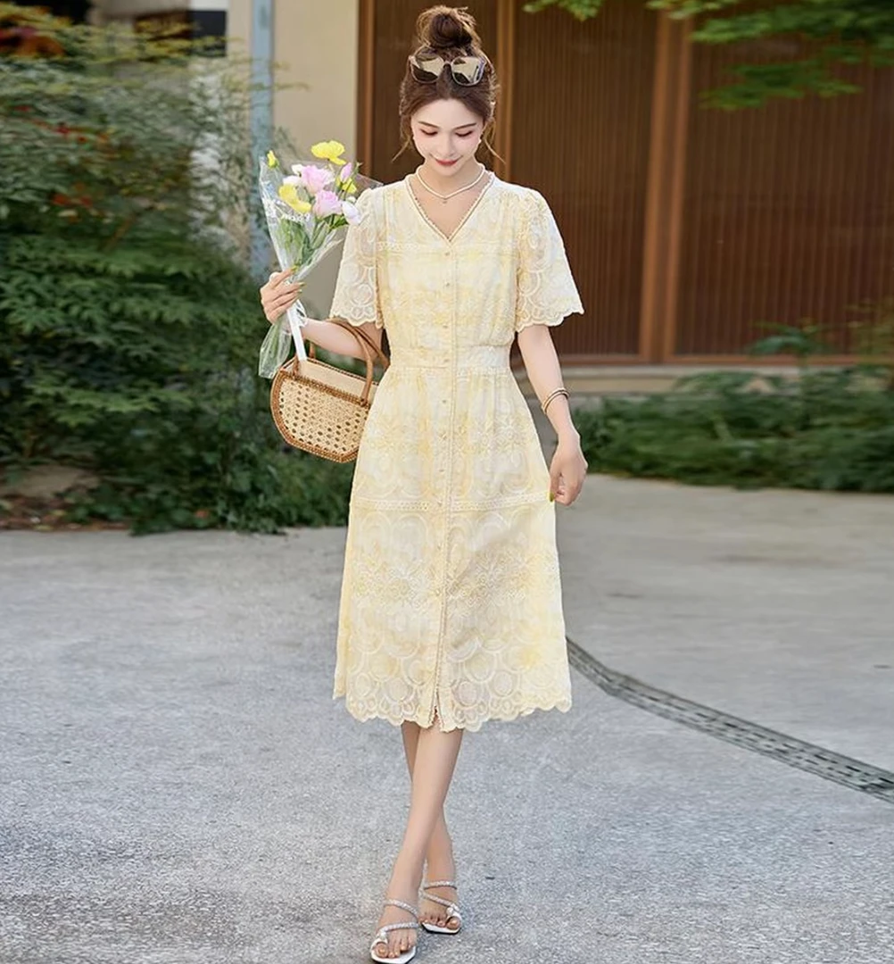 85107夏季复古风提花蕾丝丝印花连衣裙碎花气质欧若新中式