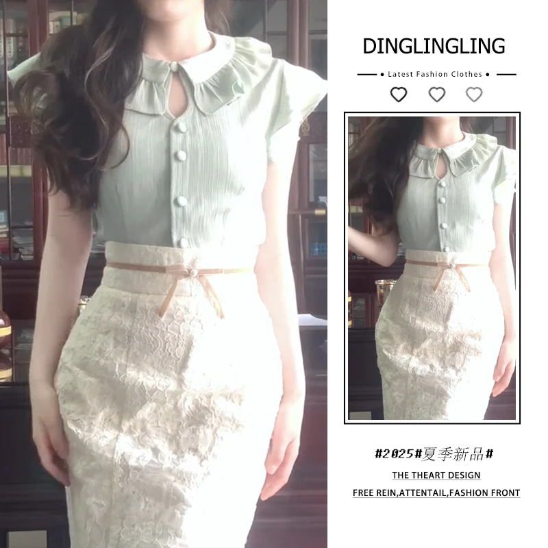 2025年春夏新款韩穿搭套装女法式圆领飞飞袖上衣百搭半身裙两件套