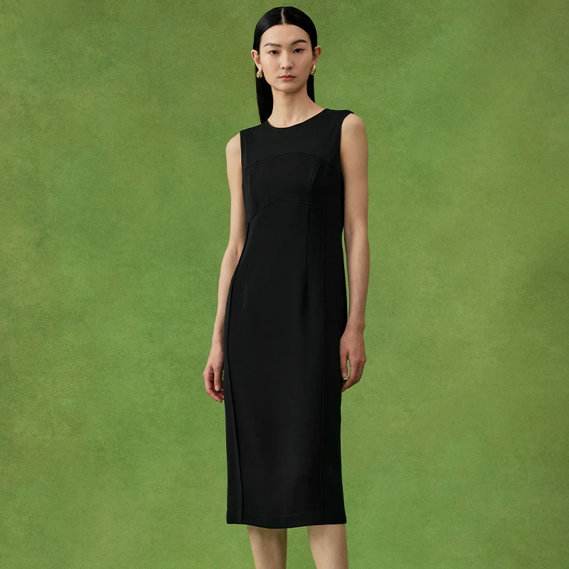 寺山文也 鹂曲/异材质拼接牙签褶优雅无袖圆领小黑裙连衣裙女夏
