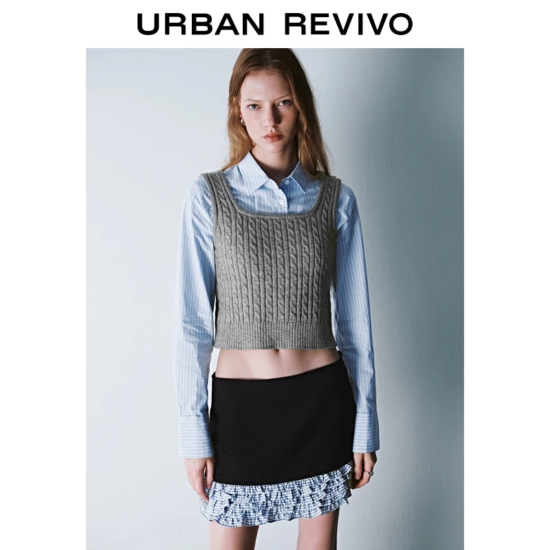 【HOT】UR2025秋季新款女休闲学院假两件条纹针织衫UYU950135