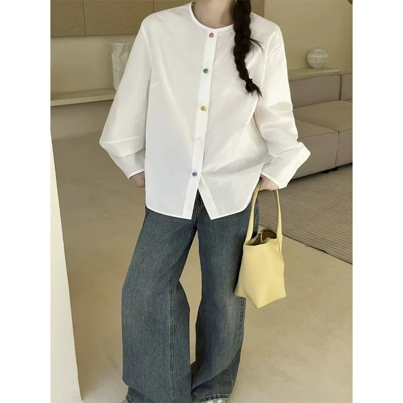 （女装）2891 通勤休闲风纽扣提花纯色圆领衬衫