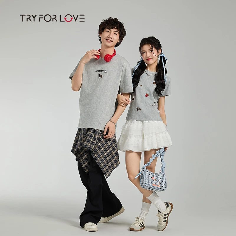 Tryforlove夏季新款情侣T恤休闲小狗刺绣短袖圆领百搭可爱上衣女