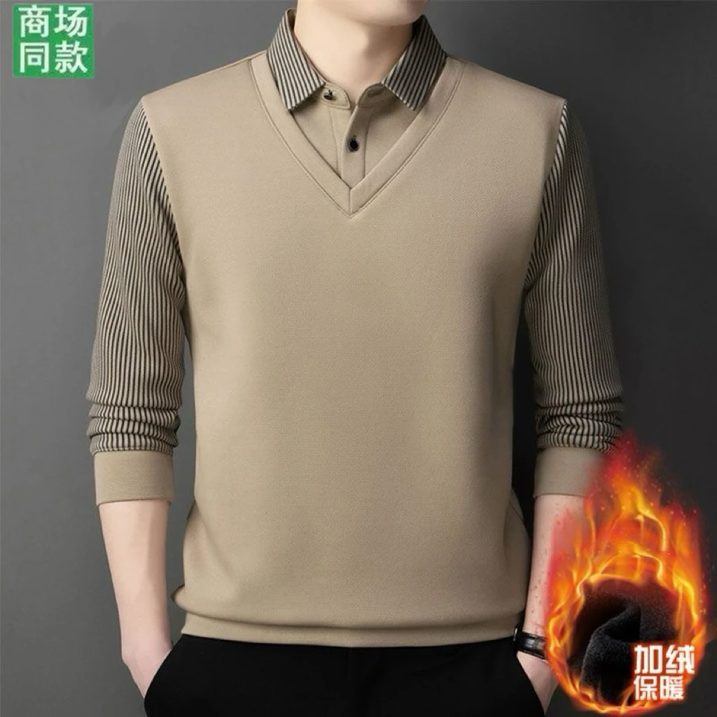 正品秋冬季男士加绒保暖假两件Polo衫时尚翻领加厚打底衫