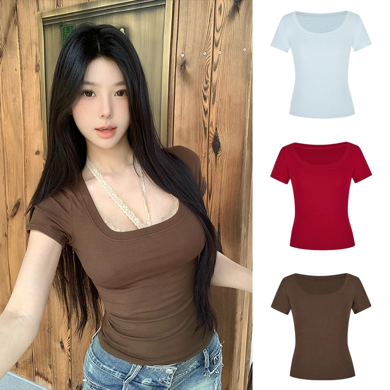 Moses Queen/魔西女王基础款辣妹大U领正肩短袖T恤夏修身显瘦上衣