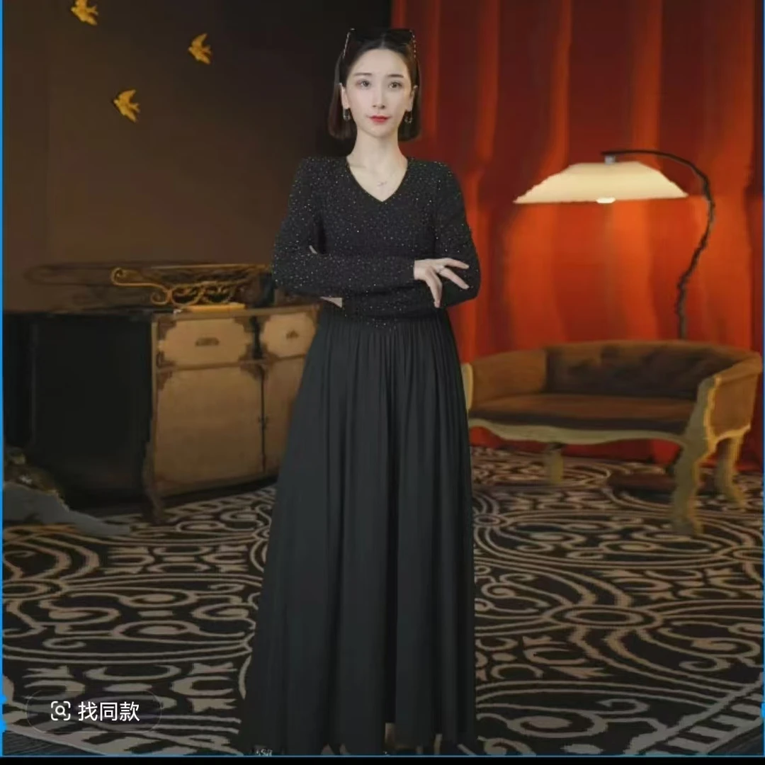 508#气质修身收腰长裙2025春季新款优雅V领休闲通勤显瘦连衣裙