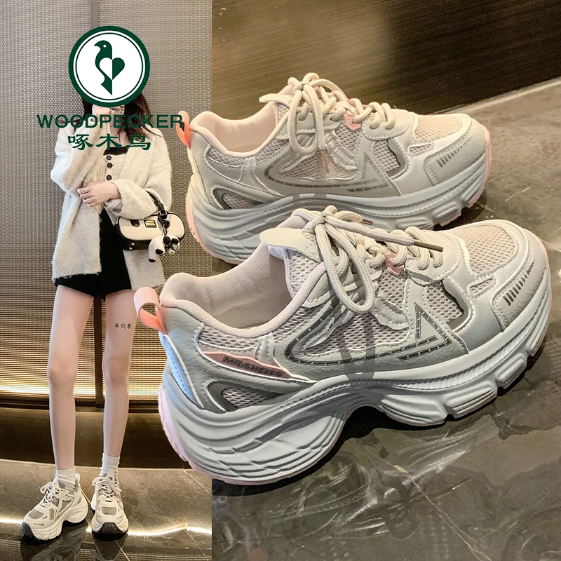 啄木鸟厚底松糕老爹鞋女2025春季爆款网红时尚百搭增高运动休闲鞋