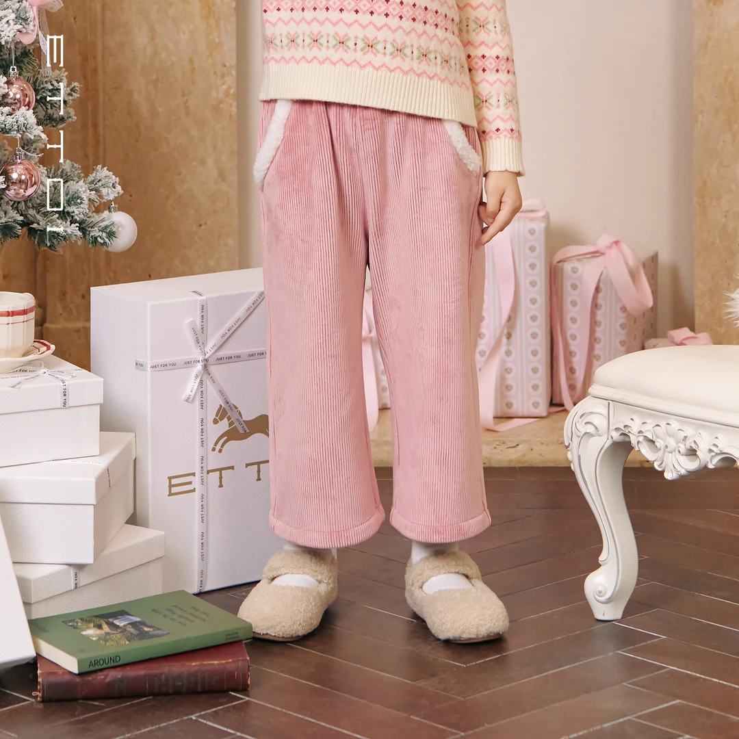 ETTOI爱多娃2025年冬季新款女童坑条灯芯绒直筒长裤
