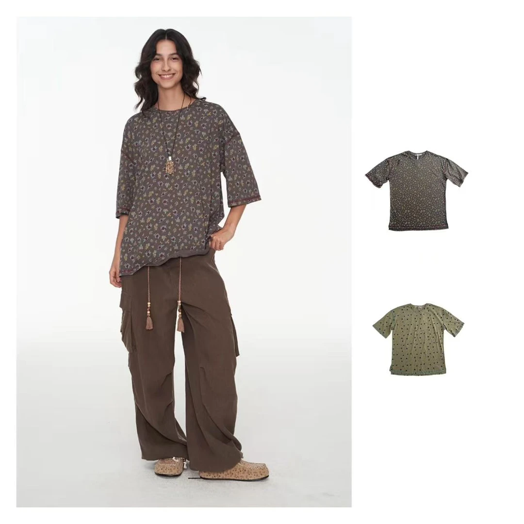 【THEENES】小碎花撞色线宽松显瘦复古时尚百搭上衣圆领T恤休闲