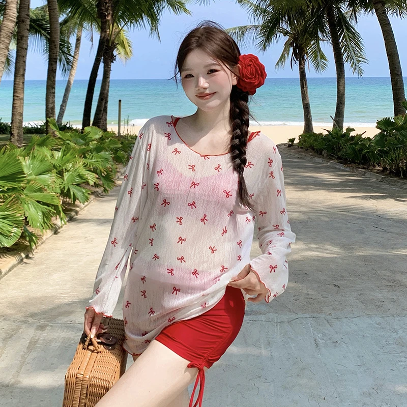 JX2025新款女大码微胖分体纯欲泳衣显瘦遮肚印花长袖温泉度假