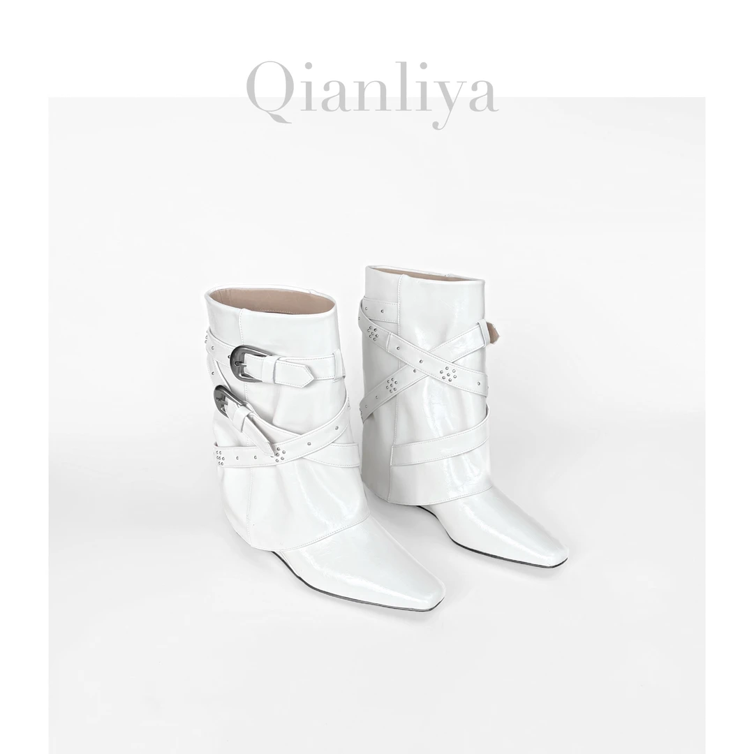 【QLY】—套筒朋克风隐形坡跟小方头秋冬简约酷辣时装靴5513