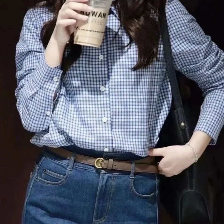 秋季新款女士格纹长袖翻领单排扣衬衫