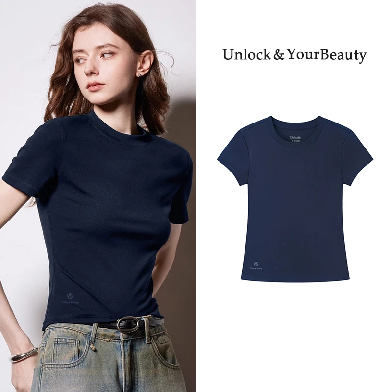 夏季清爽棉圆领减龄短袖T恤女简约轻熟风修身收腰显瘦打底衫上衣