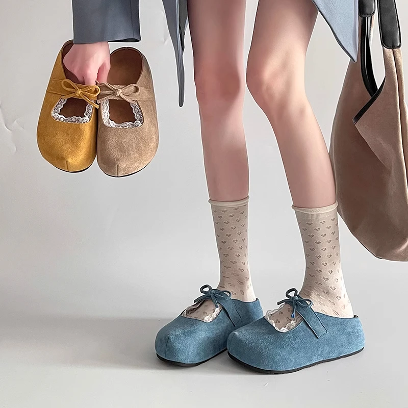 韩版百搭蝴蝶结厚底增高外穿女2025春季新款包头半拖鞋镂空勃肯鞋