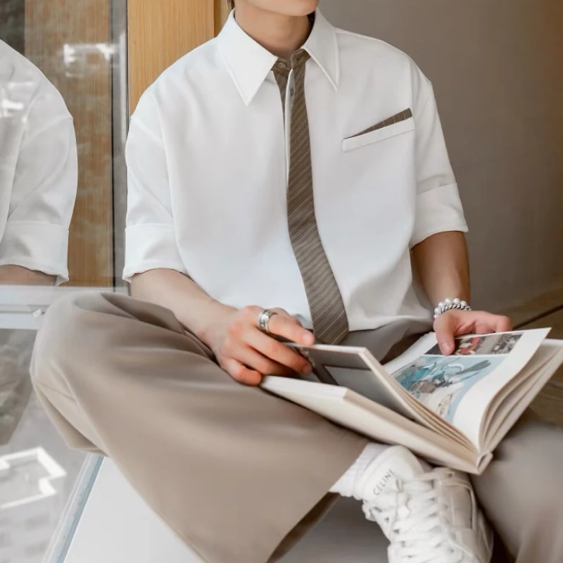 美式复古夏季新款小众设计感通勤假领带衬衫男短袖时尚潮