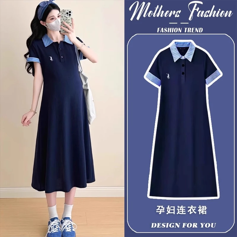 孕妇连衣裙夏2025新款韩版藏青色拼接polo领薄款短袖A字裙中长款