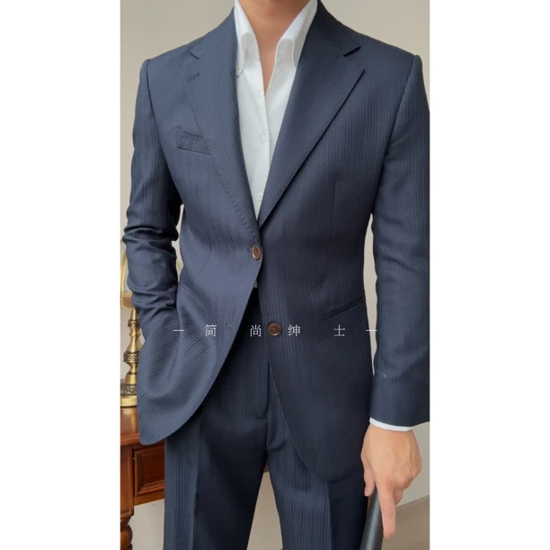 夏季薄款时尚提花纹理单排扣那不勒斯西服西装套装948