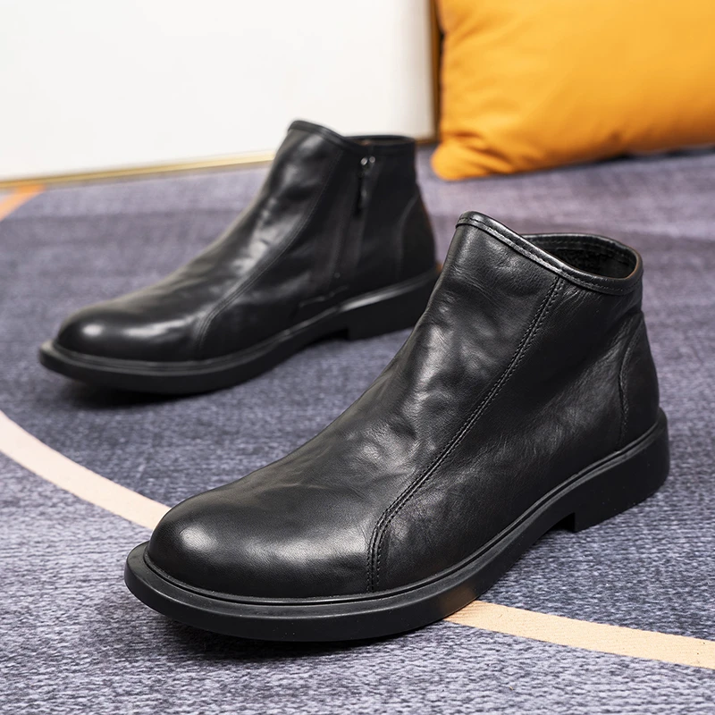 【胖哥】头层牛皮男士休闲马丁靴一脚蹬侧拉链橡胶大底真皮靴子男鞋