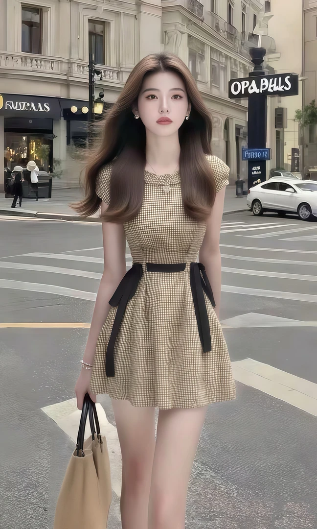 2025夏季新款卡其色格子圆领收腰短袖连衣裙小众时尚气质显瘦女装