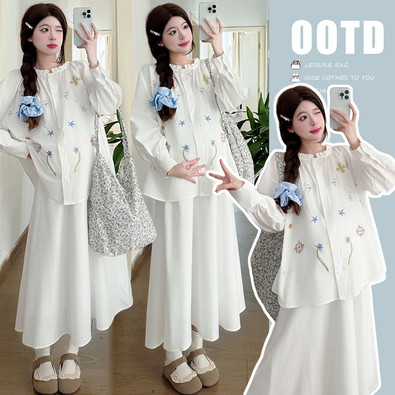 2025早春孕妇重工刺绣韩系甜美减龄衬衫上衣＋中长款半身裙两件套