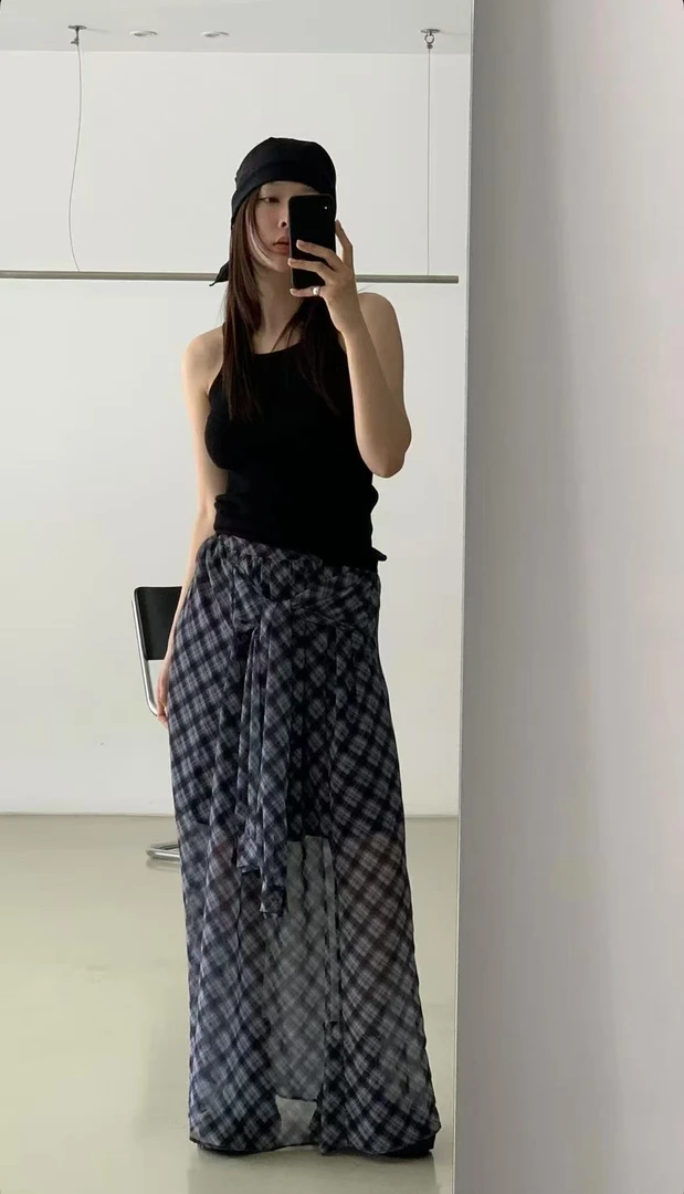 泡菜More黑灰格纹绑带设计半裙（No退）