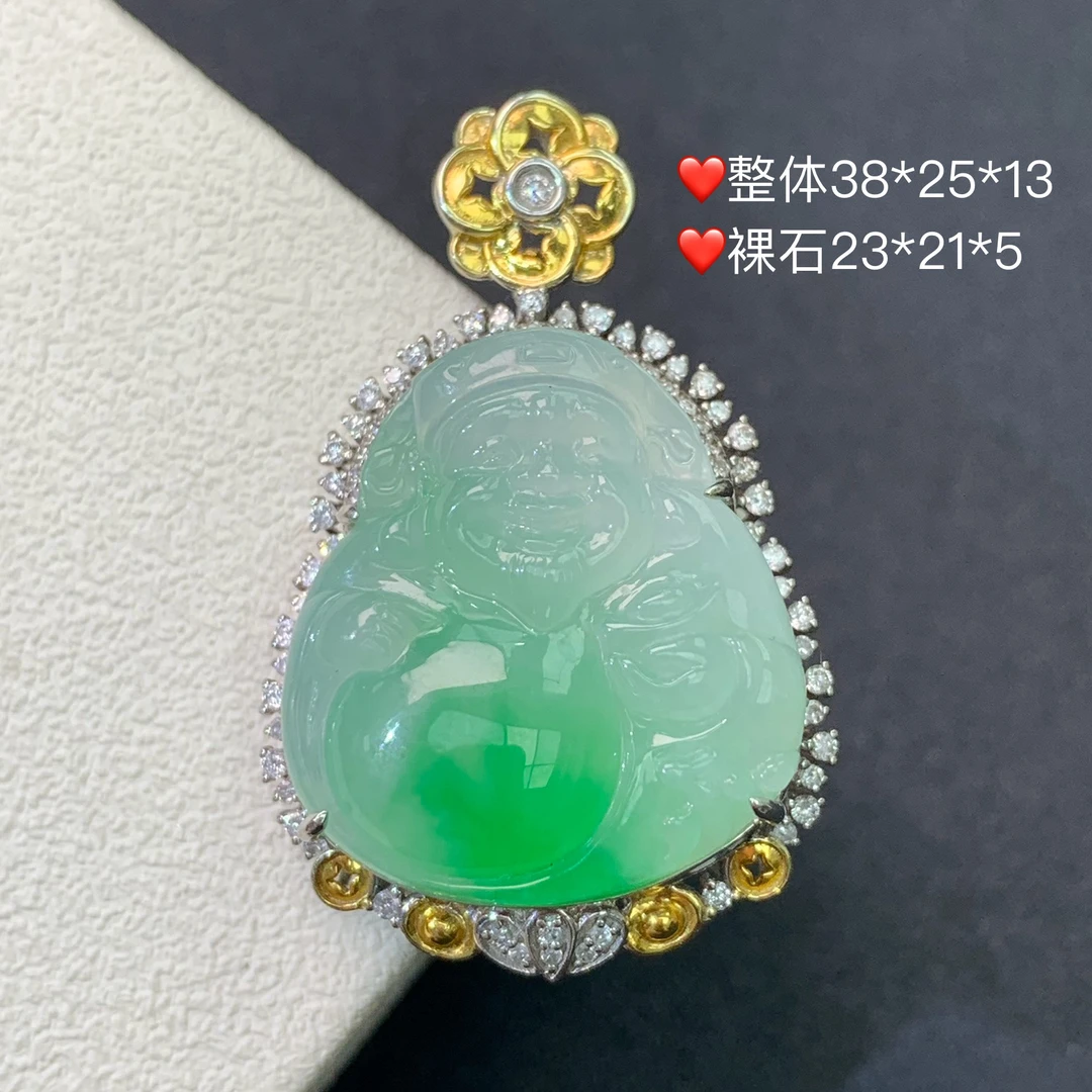 新品推荐·18K金冰种起光飘绿财神爷缅A翡翠玉石吊坠气质设计款