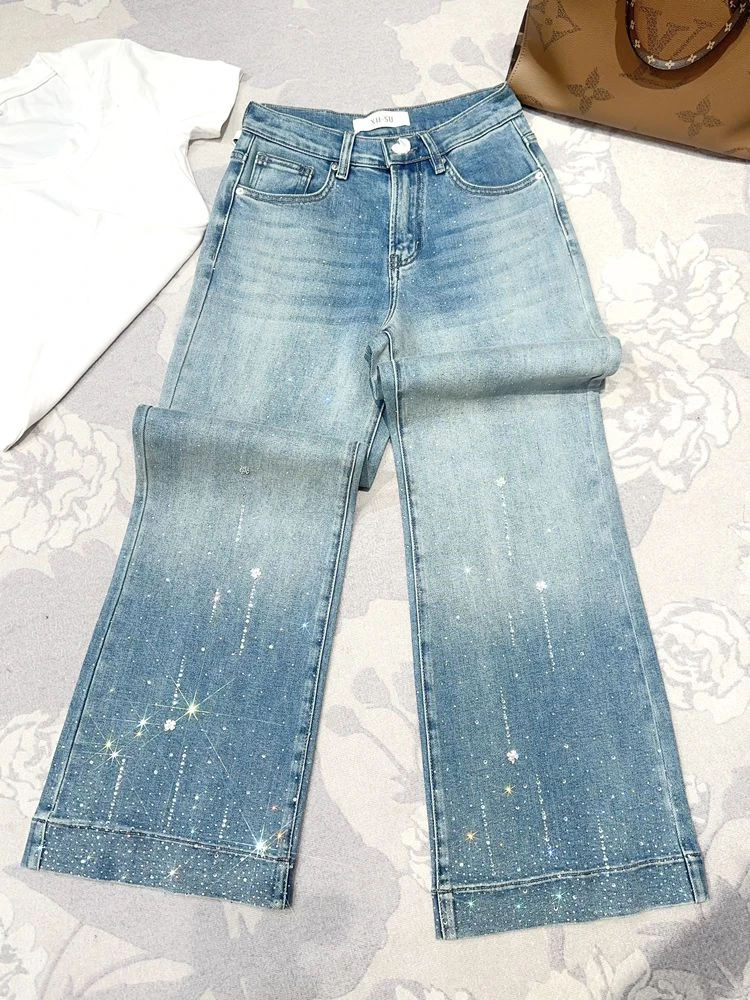【四叶草】高腰水洗休闲风慵懒风烫钻牛仔裤时尚休闲微喇百搭8562