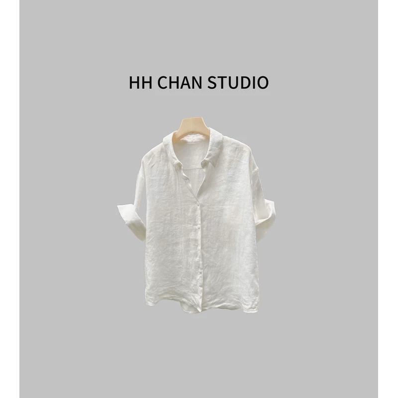 HH.CHAN“隐归高级”100%定制进口亚麻白色短袖衬衫HH52F36233