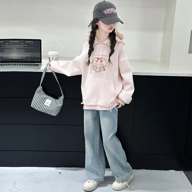 女童卫衣春秋2025新款韩版女孩花边连帽卫衣儿童春季休闲百搭上衣