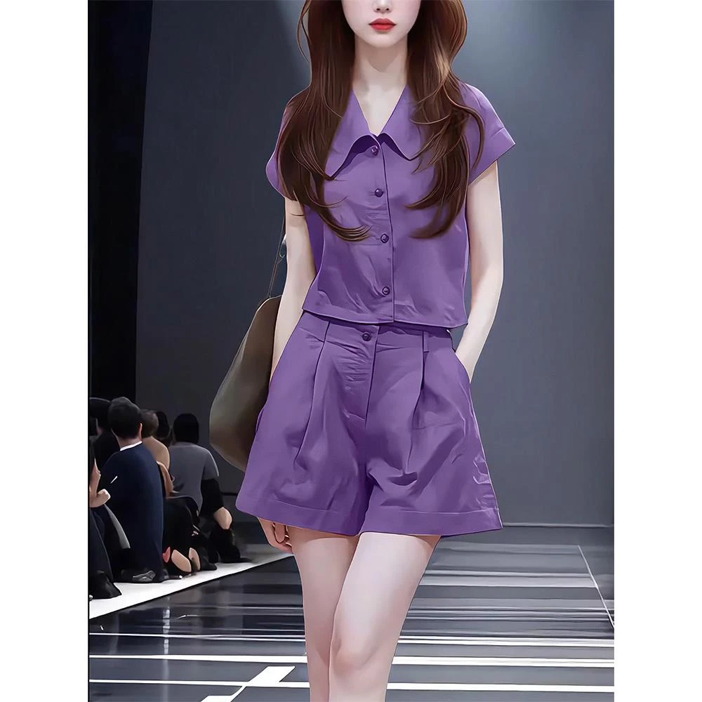 紫色时尚休闲套装女夏季2025新款翻领薄款短袖衬衫短裤减龄两件套