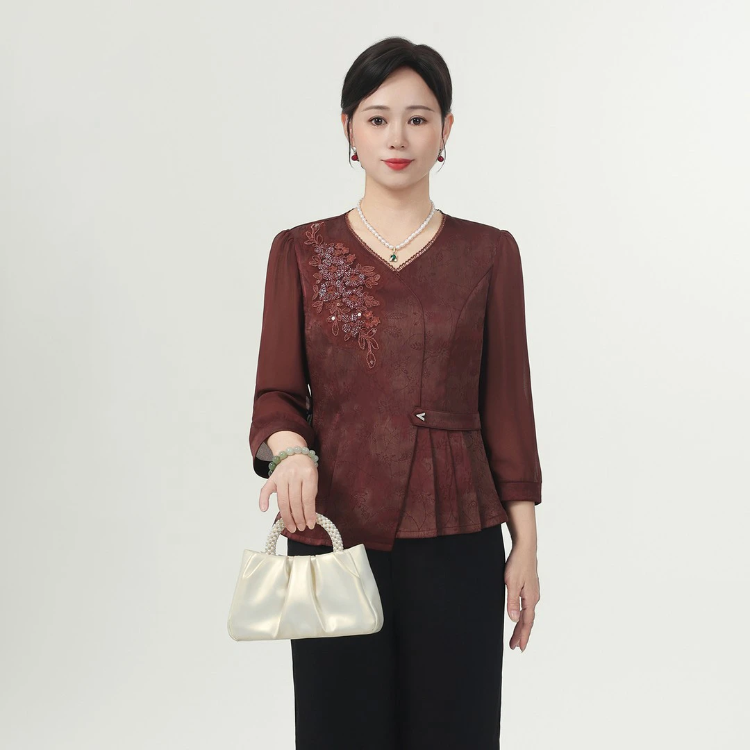 2025早秋妈妈装网纱袖刺绣上衣套装中老年女贵气国风小衫两件套