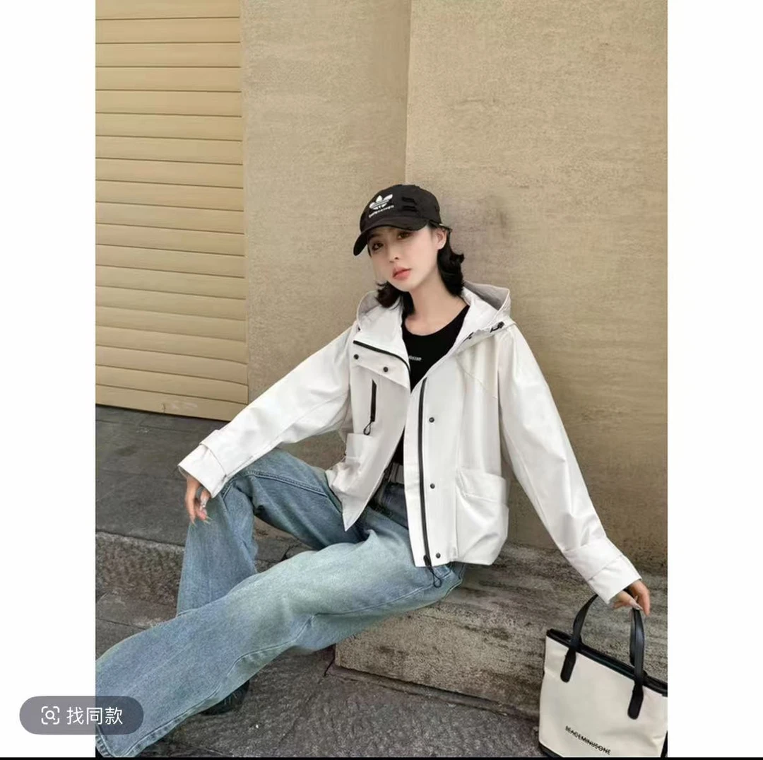 W503{衣长57}韩系高级感连帽外套春季新款赫本风气质短外套冲锋衣