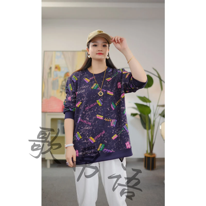 歌帛语大码女装常规圆领宽松型印花休闲风透气长袖T恤