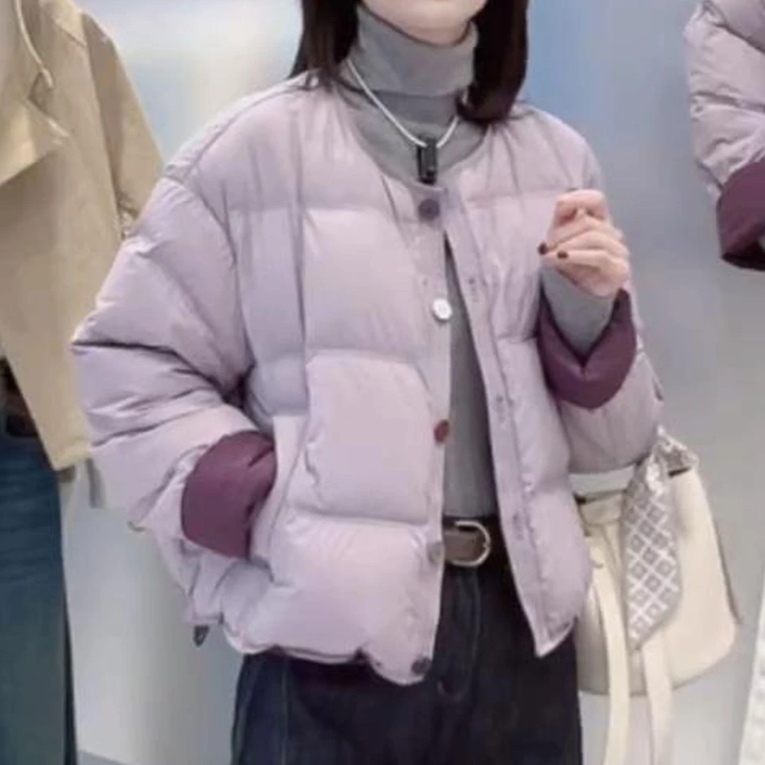 时尚百搭休闲显瘦圆领长袖棉衣2025秋冬新款极简风撞色拼接棉服女