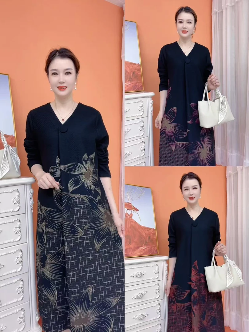 秋季新款时尚优雅宽松提花棉中长款妈妈装连衣裙021